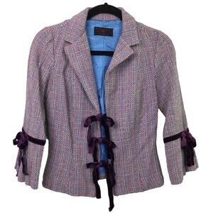 Just in Time Women's Tweed Velvet Front Tie Bell Sleeve Purple Cropped Blazer M